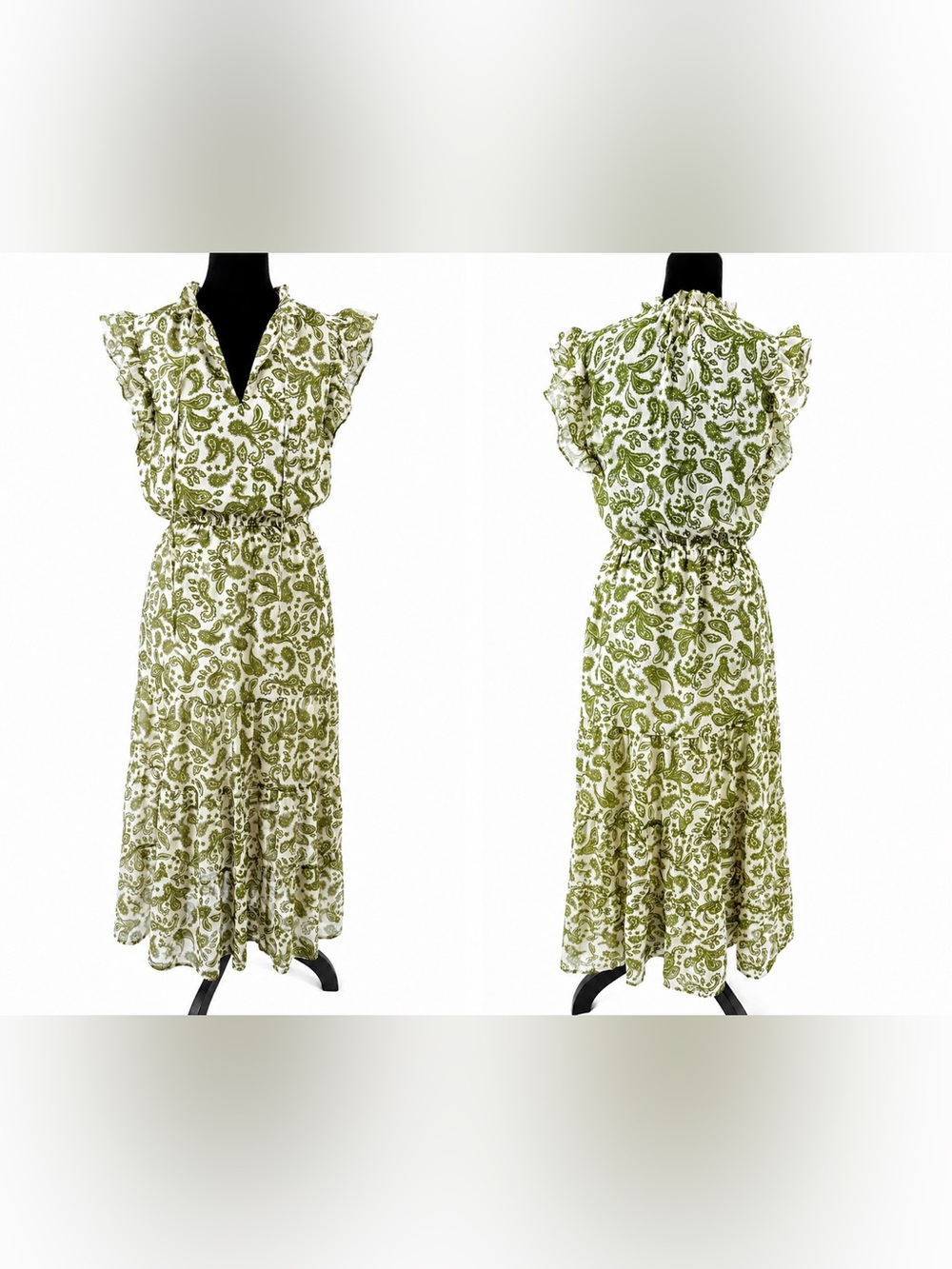 BB Dakota Sz XS Olive Green Paisley Tiered Maxi Dress